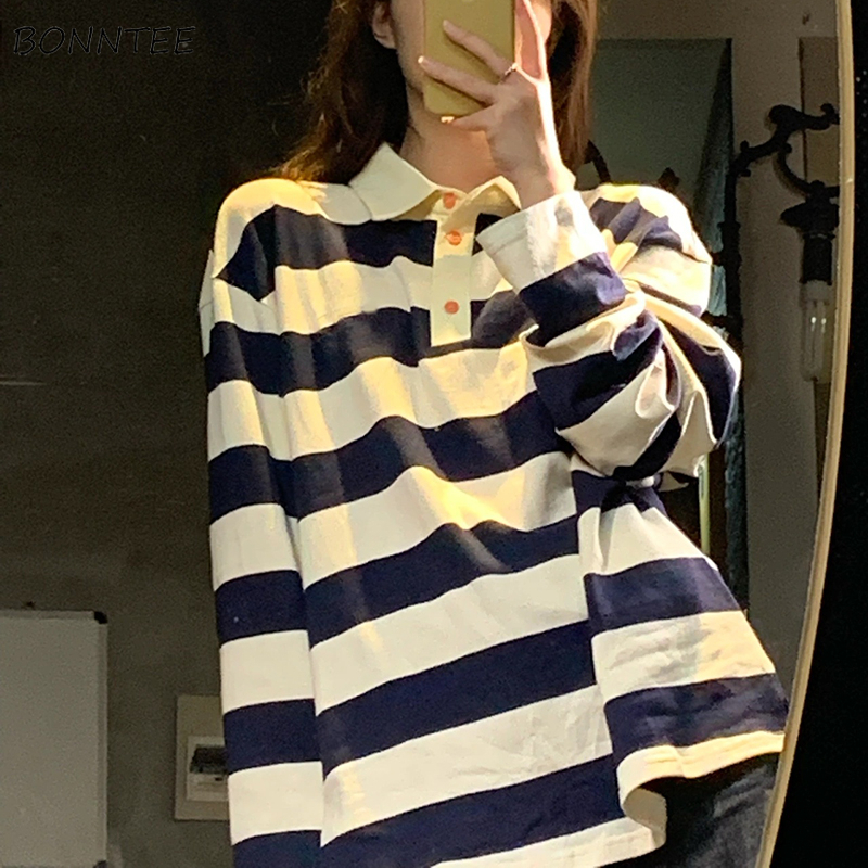 티셔츠 여성 가을 패널 디자인 한국 스타일 Preppy Look 간단한 스트라이프 레저 긴 소매 헐렁한 모든 경기 유행 하이틴